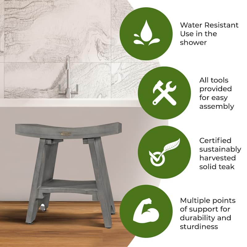 CoastalVogue Serenity Antique Gray Teak Wood Shower Stool with Curved Seat 18-inches Wide x 18-inches High
