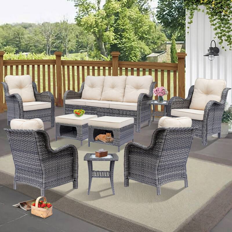 Gray Rattan Wicker High Back Outdoor Patio Furniture Sofa Seating Set - 9-Piece - Beige