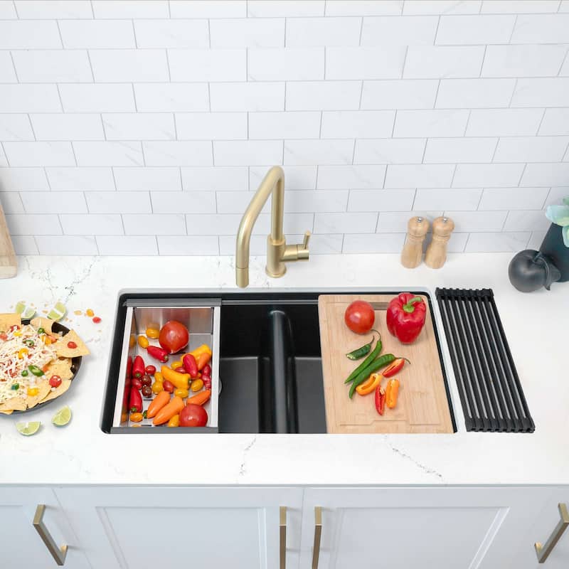 STYLISH Dual Mount 33" Double-Bowl Composite Granite Kitchen Sink - 33" x 18" x 9.5" - Black