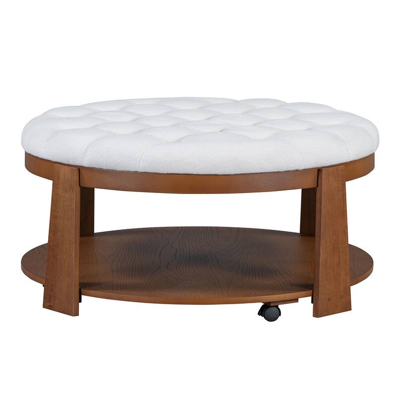 Modern Round Ottoman Coffee Table with Wood Shelf Storage Upholstered Coffee Table for Living Room Footrest Ottoman with wheel
