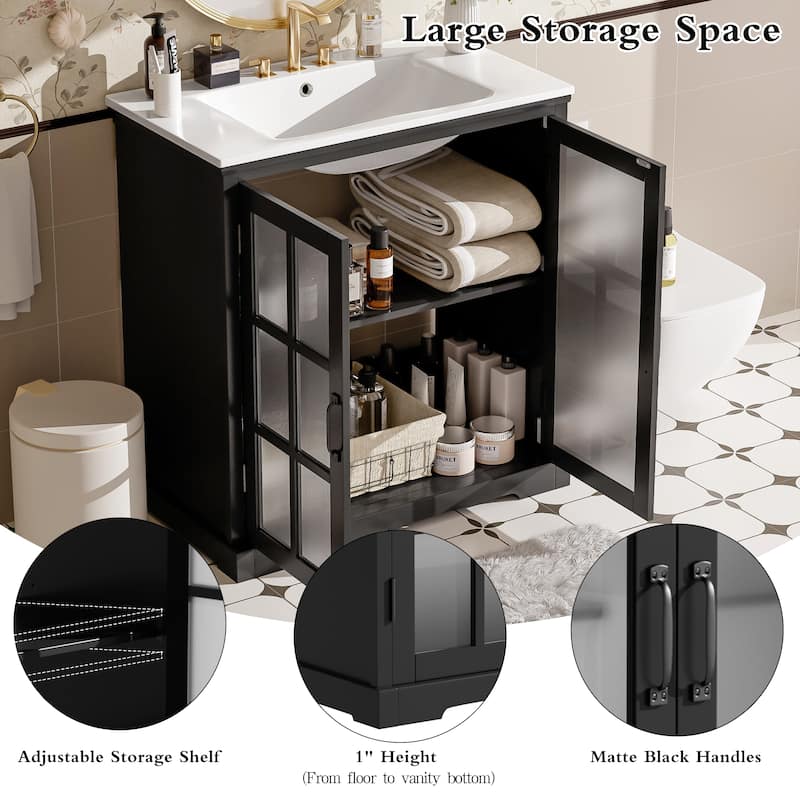 30"Bathroom Vanity with Ceramic Sink, Tempered Blurred Glass and Matte Black Handles, Large Storage Space and Rubber Wood Frame