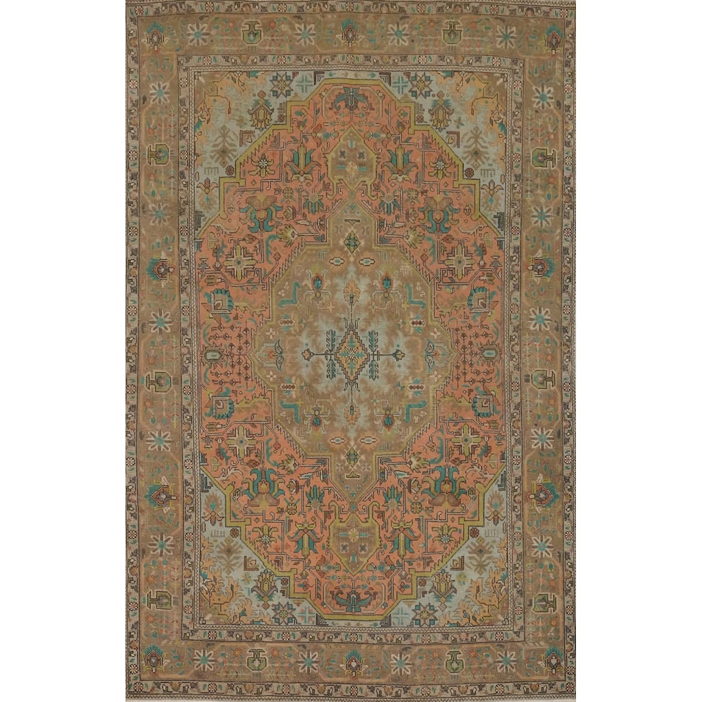 Hand Knotted Oriental 100% Wool Carpet Traditional Medallion Coral Tabriz Area Rug - 9' 6'' X 6' 6''