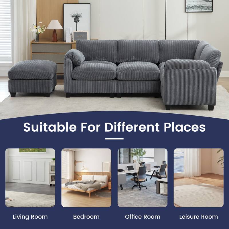 5-Seater Corduroy Sectional Sofa, Removable Ottoman, Modular Design