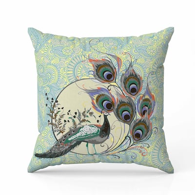 Paisley Peacock Dreams Faux Suede Reversible Throw Pillow Skyblue and Yellow