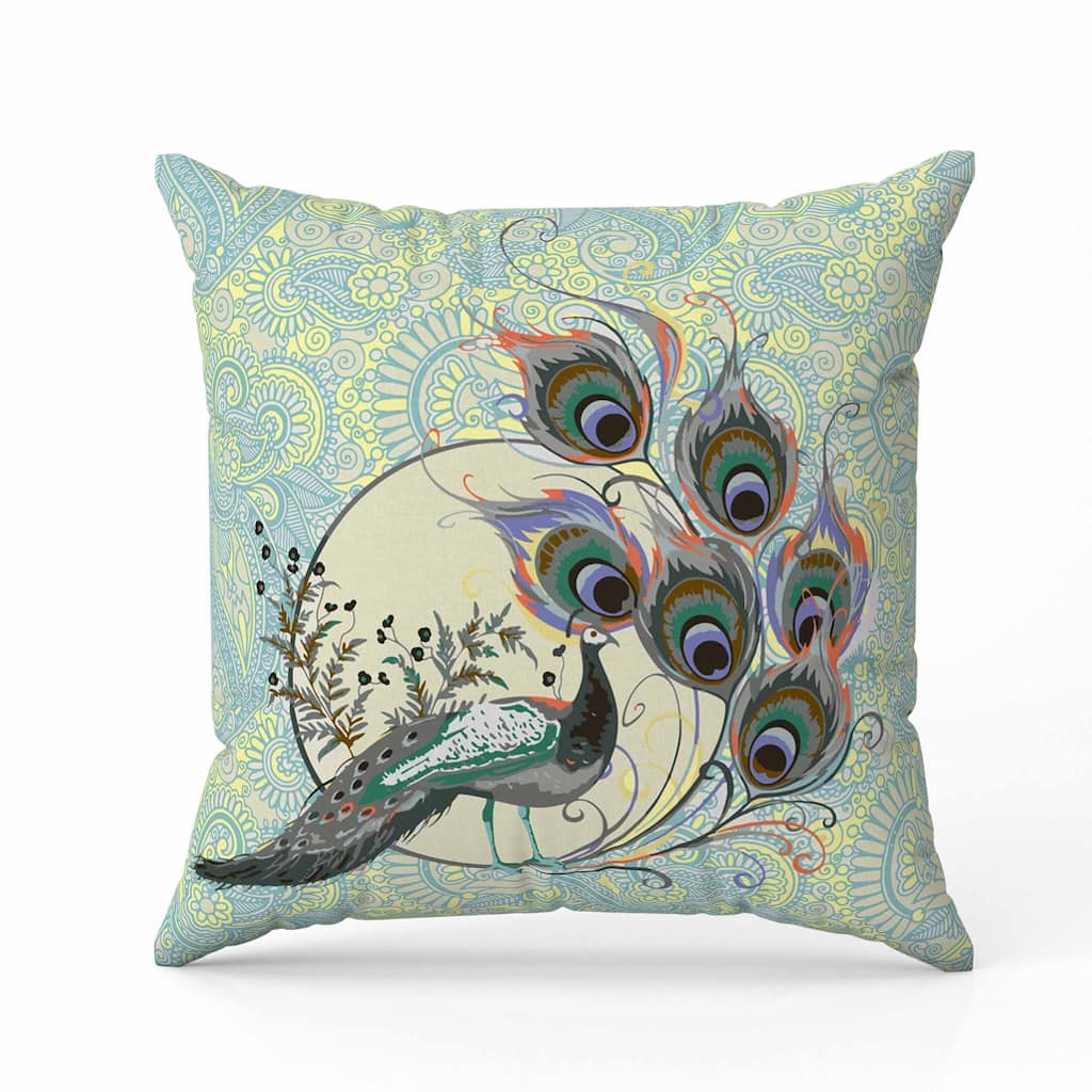 Paisley Peacock Dreams Faux Suede Reversible Throw Pillow Skyblue and Yellow