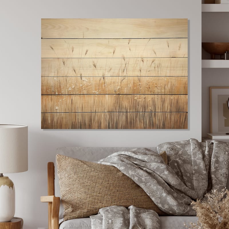 Designart "Prairies Majestic Grasslands" Prairies Wood Wall Decor - Traditional Beige Wood Panel On Natural Pine Wood