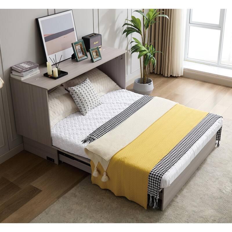 Queen Size Murphy Bed Cabinet with Storage Drawer, Folding Foam Mattress, USB & AC Charging Ports, and Smooth Glide Mechanism