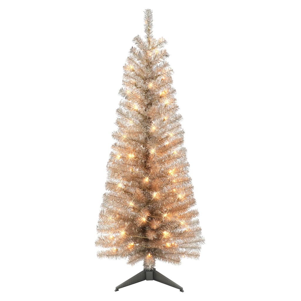 4.5' Rose Gold Tinsel Slim Artificial Christmas Tree, Clear Lights - 4.5 Foot
