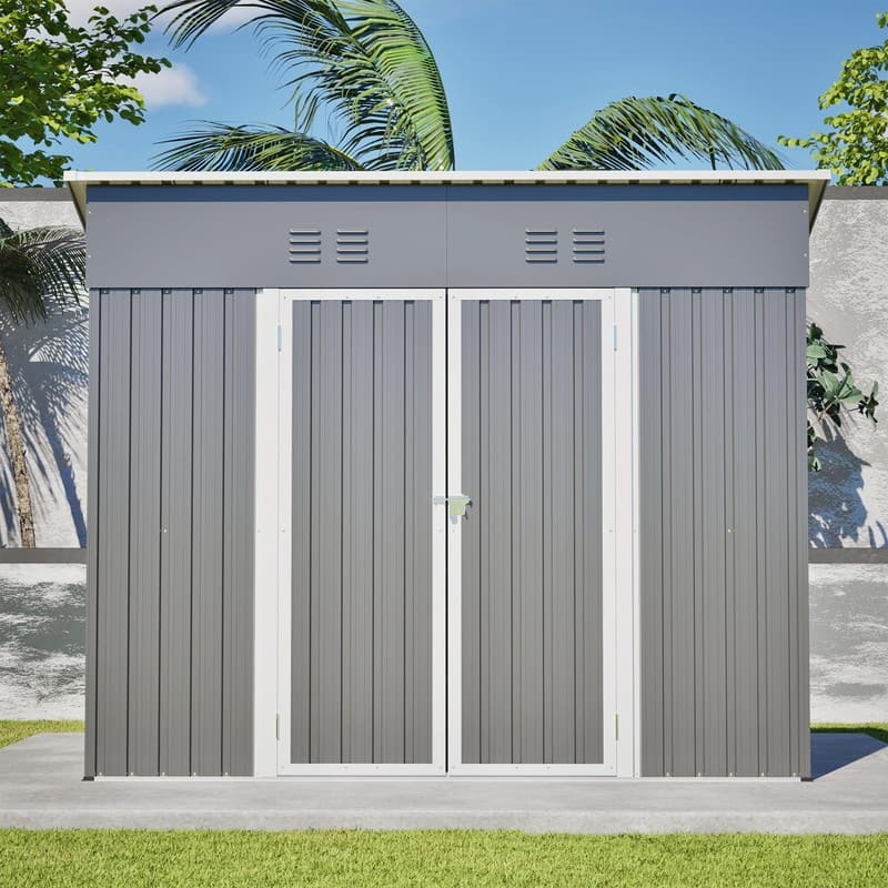 4' x 8' Outdoor Storage Shed with Sloped Roof, Reinforced Metal Frame, 4 Air Vents & Reversible Door for Garden or Tool Storage