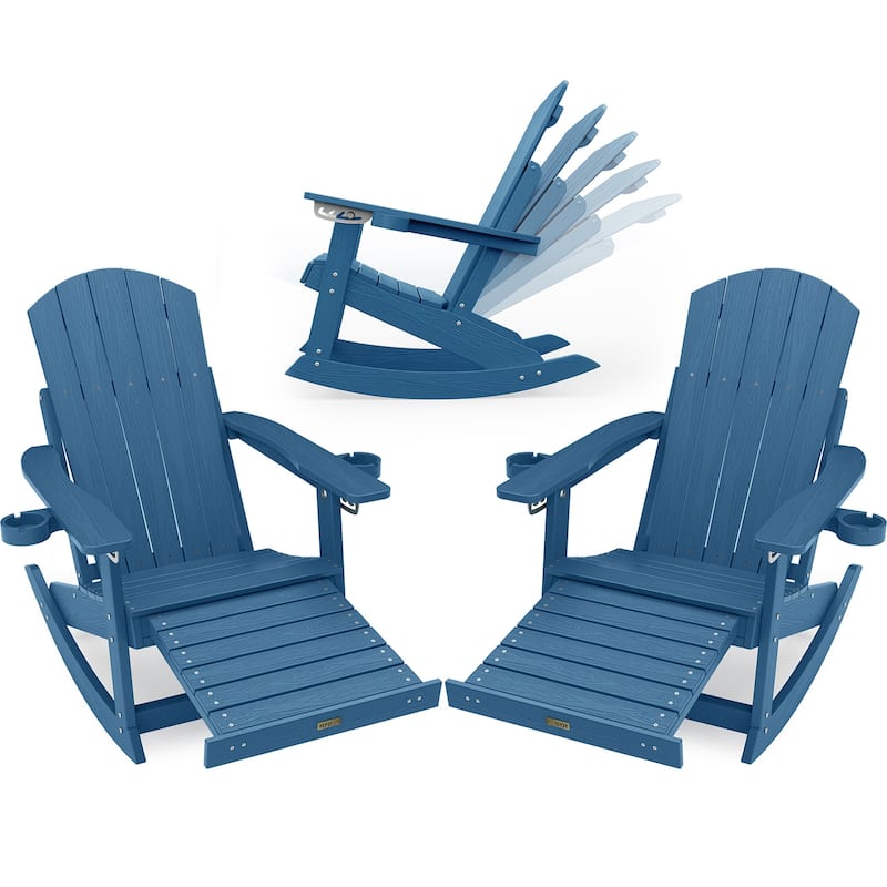 WINSOON HIPS Outdoor Rocking Chair with Adjustable Backrest and Retractable Ottoman-Set of 2 - Navy