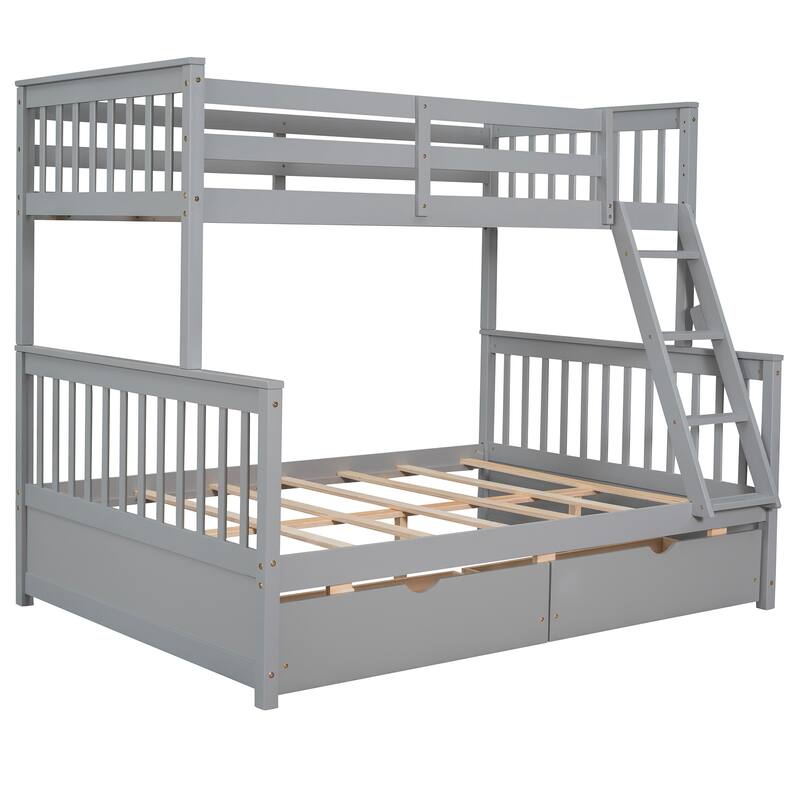 Twin-Over-Full Bunk Bed with Ladders and Two Storage Drawers in Gray