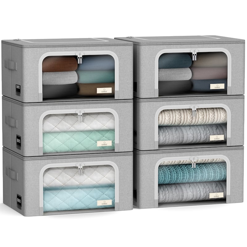 Sorbus Storage Bins with Metal Frame, Clear Window, & Carry Handles - Stackable & Foldable Clothes Organizer Bags - 6 Pack - Grey - 12” L X 15.75" W X 8” H