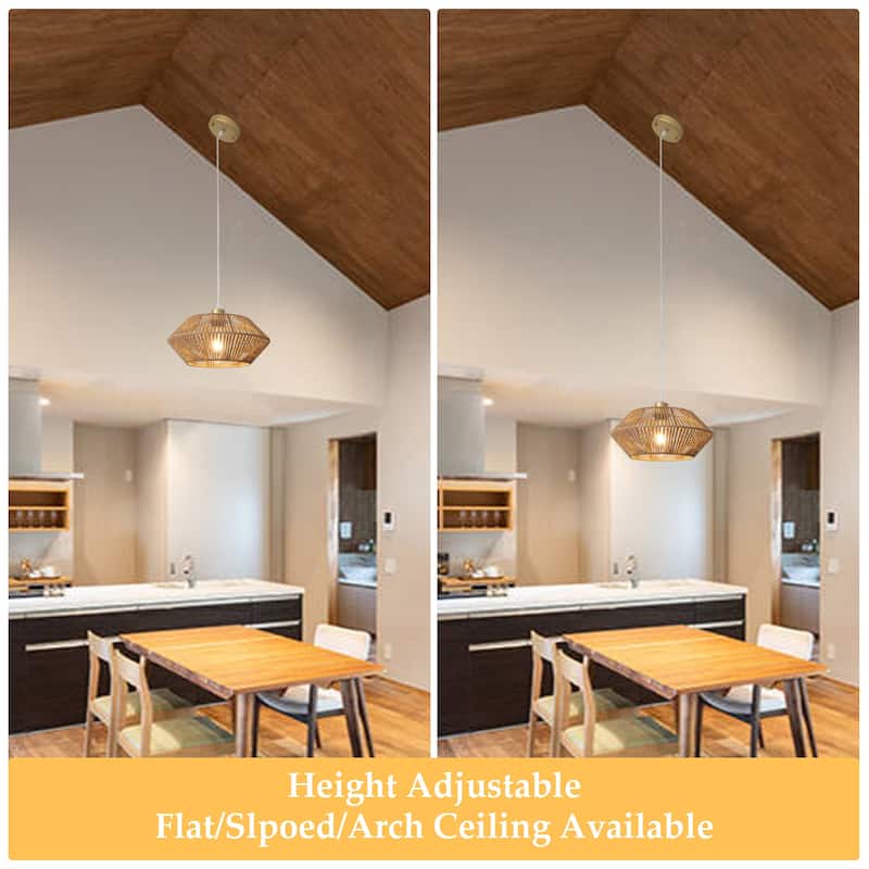 1-Light Modern Semi Flush Mount Chandelier, Handmade Rattan Hanging Pendant Light for Kitchen Island - W12.59"x H5.7"