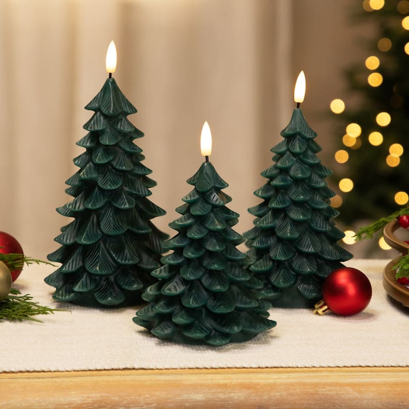 Flickering LED Flameless Christmas Tree Wax Candles - 7.25" - Green - Set of 3