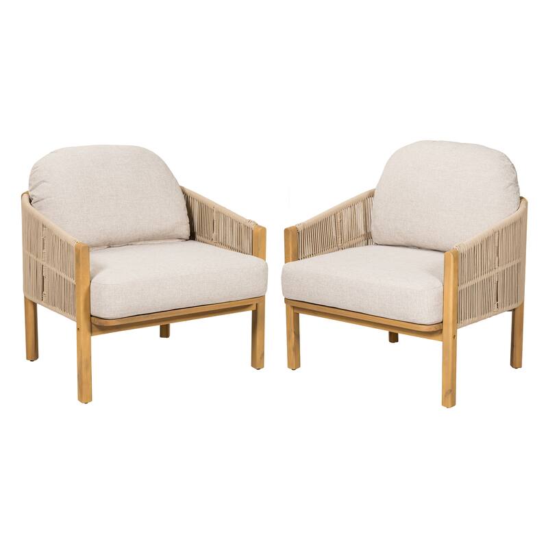 Roomfitters Grotta Outdoor Acacia Wood Club Chair with Rope Woven Back, Teak Finish and Beige