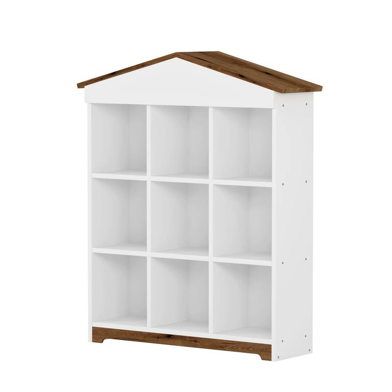 House shaped Storage Rack with Nine Storage Compartments,Three layer Bookshelf with Colorblock Design