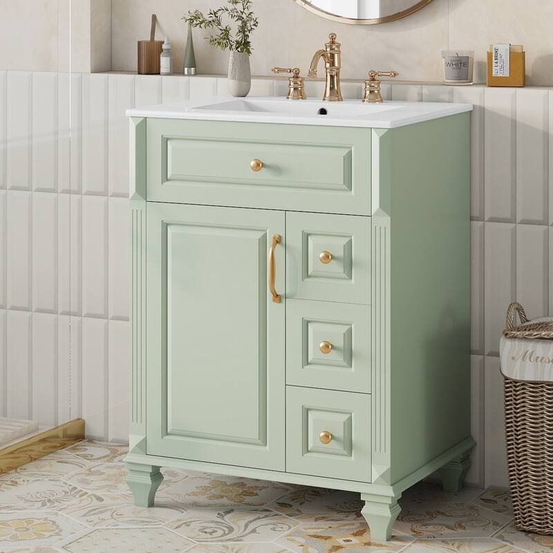 24" Freestanding Bathroom Vanity with Ceramic Sink, Flip-Out Drawer & 3-Drawer Cabinet, Solid Wood & MDF - Green