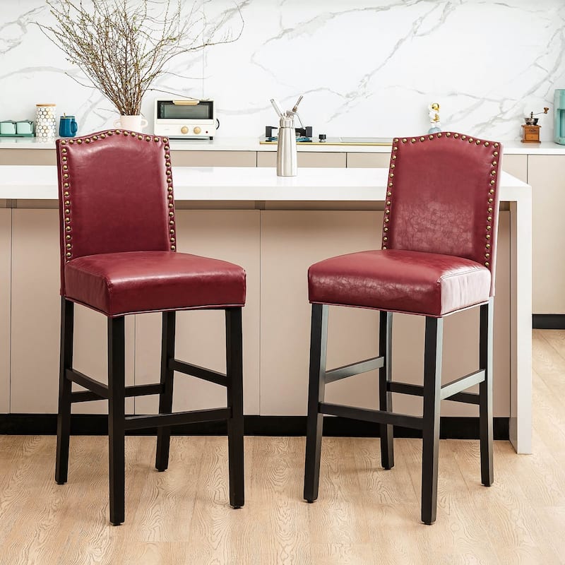 Glitzhome Set of 2 45"H PU Riveted Upholstered Bar Stools Pub Chairs - Set of 2 - Red