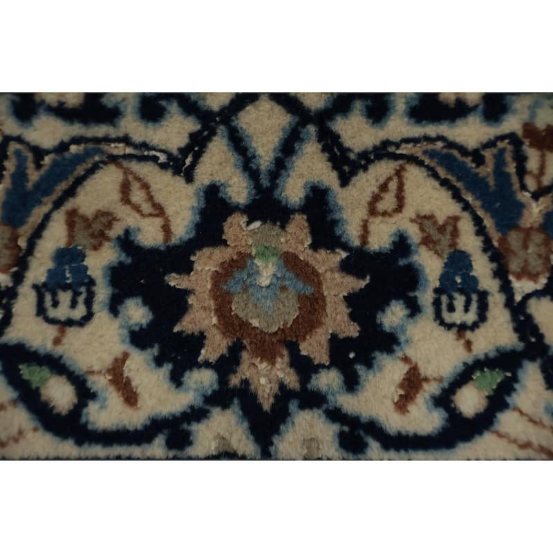 Hand Knotted Oriental Wool & Silk Carpet Traditional Floral Beige & Ivories Nain Area Rug - 8' 5'' X 5' 6''