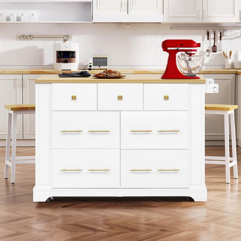 51.2" Rolling Kitchen Island with Drop Leaf, Kitchen Island with 6 Drawers, Pull Out Trash Can Storage and Power Outlet - White