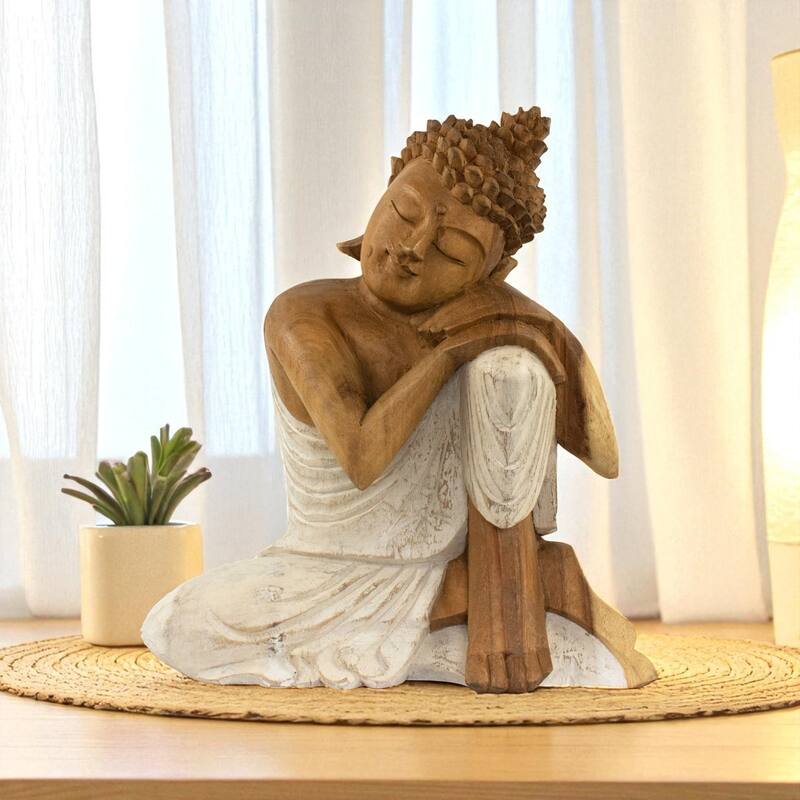 Wood Sleeping Buddha Statue Hand Carved Whitewashed Sculpture, Peaceful Zen Decor