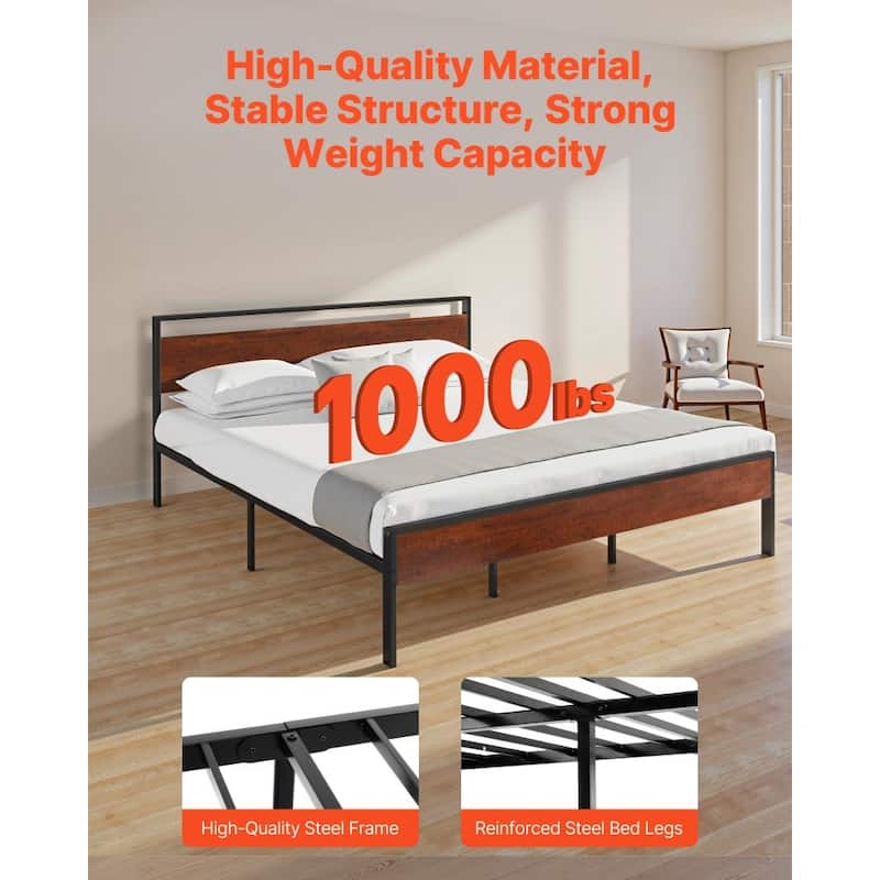 King Size Platform Bed Frame with Steel Frame and Vintage Brown Headboard Under Bed Storage