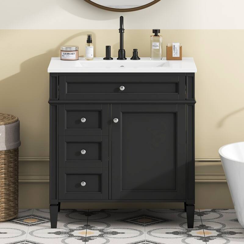 30" Modern Bathroom Vanity with Ceramic Sink - 3 Drawers,Soft-Close Storage, Pine Wood Frame.