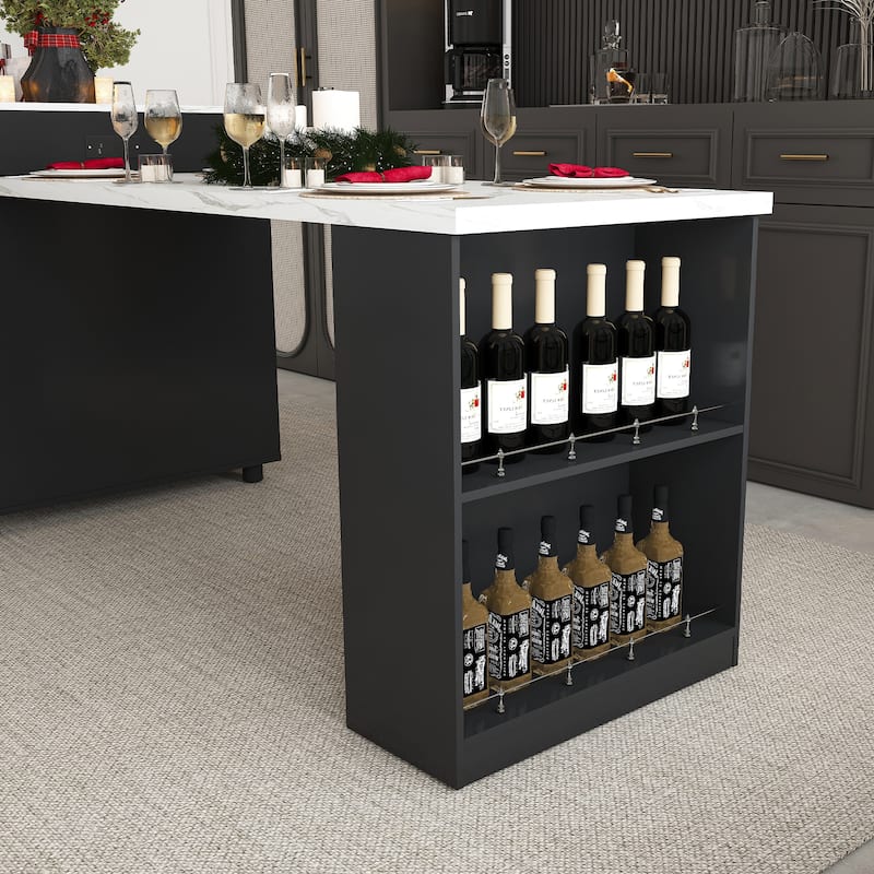 80" Expandable Kitchen Island with Dining Table with Marble-Grain Countertop with Power Outlet