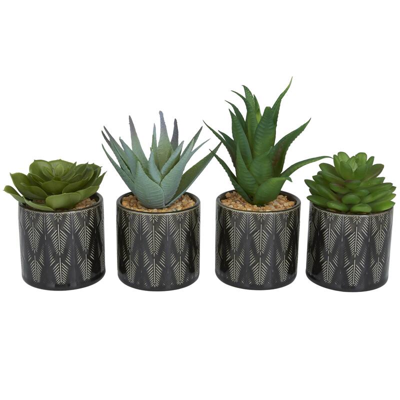 Faux Foliage Succulent Artificial Plant with Realistic Leaves and Patterned Pot - Set of 4 Green - Roche River Decor