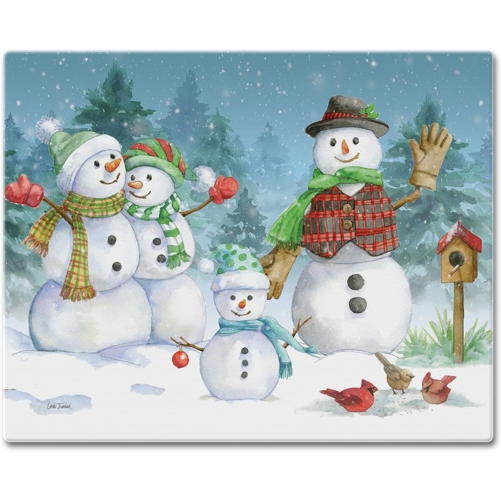 Snowman Family 3mm Heat Tolerant Tempered Glass Cutting Board 15” x 12” Manufactured in the USA Dishwasher Safe