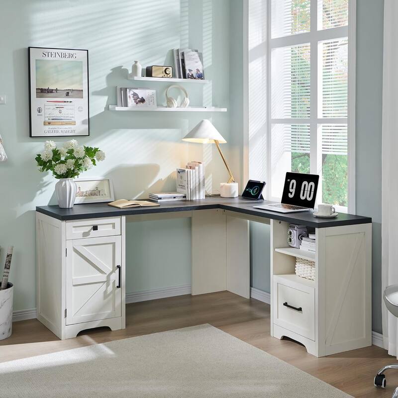 Modern Farmhouse Home Office Desk, Computer Desk with File Cabinet