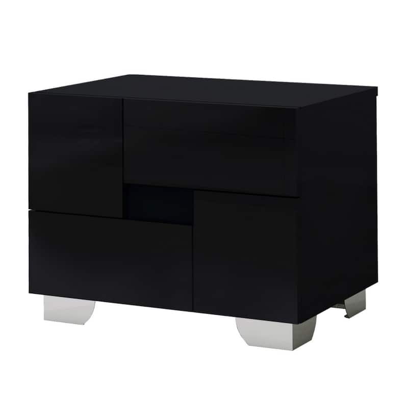 Wood Mirrored Modern Nightstand with 2 Drawers and Metal Handles