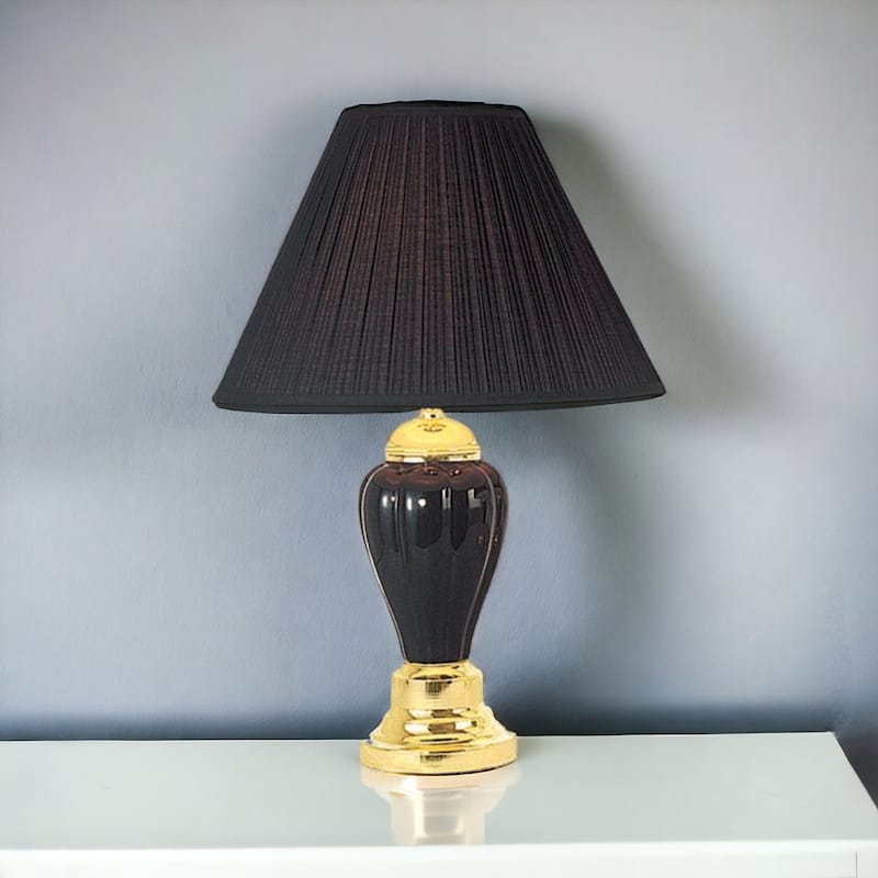 27" Ceramic Urn Table Lamp with 3-Way Switch and Linen Empire Shade for Bedroom or Living Room - 27”H x 16”W x 16”D - Black-Gold