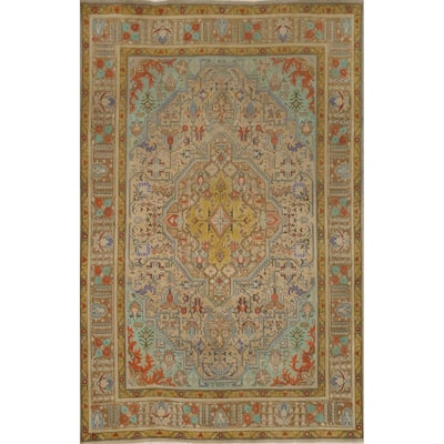 Hand Knotted Oriental 100% Wool Carpet Traditional Floral Beige & Ivories Tabriz Area Rug - 9' 6'' X 6' 7''