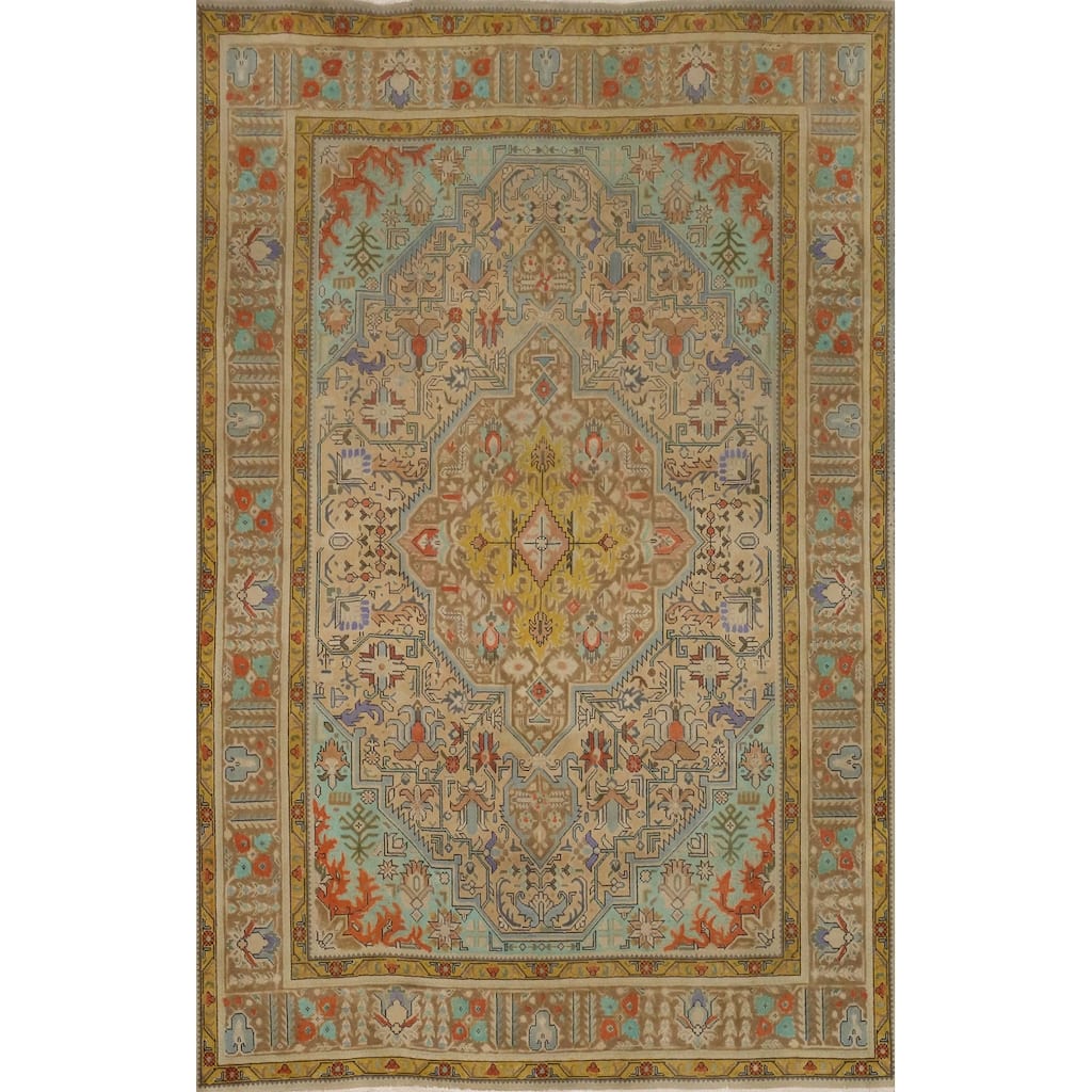 Hand Knotted Oriental 100% Wool Carpet Traditional Floral Beige & Ivories Tabriz Area Rug - 9' 6'' X 6' 7''