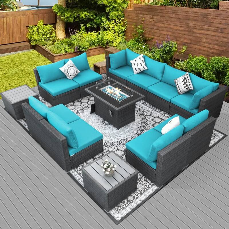 FINCATI Outdoor Grey Wicker Sectional Furniture Patio Sofa Set with Firepit Table - 13 PCS-A - Teal