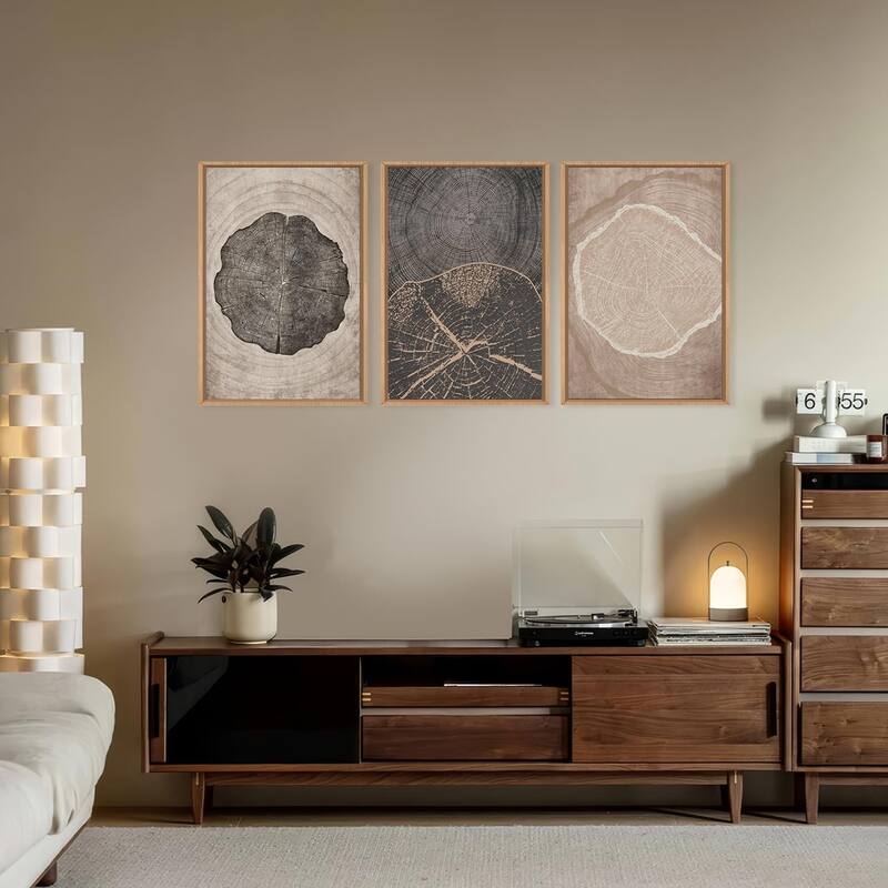 Neutral Brown Tree Rings Framed Canvas Wall Art Set