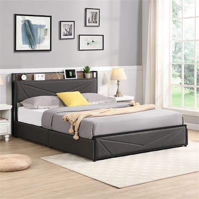 Full Bed Solid Frame Storage Headboard with Charging Station