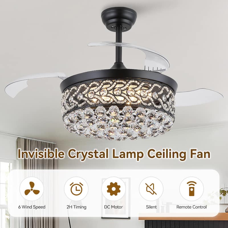 Kviflon 48'' Retractable Ceiling Fan with Lights and Remote 6 Speed, 3 Light Change Retractable Blade Chandelier Ceiling Fan
