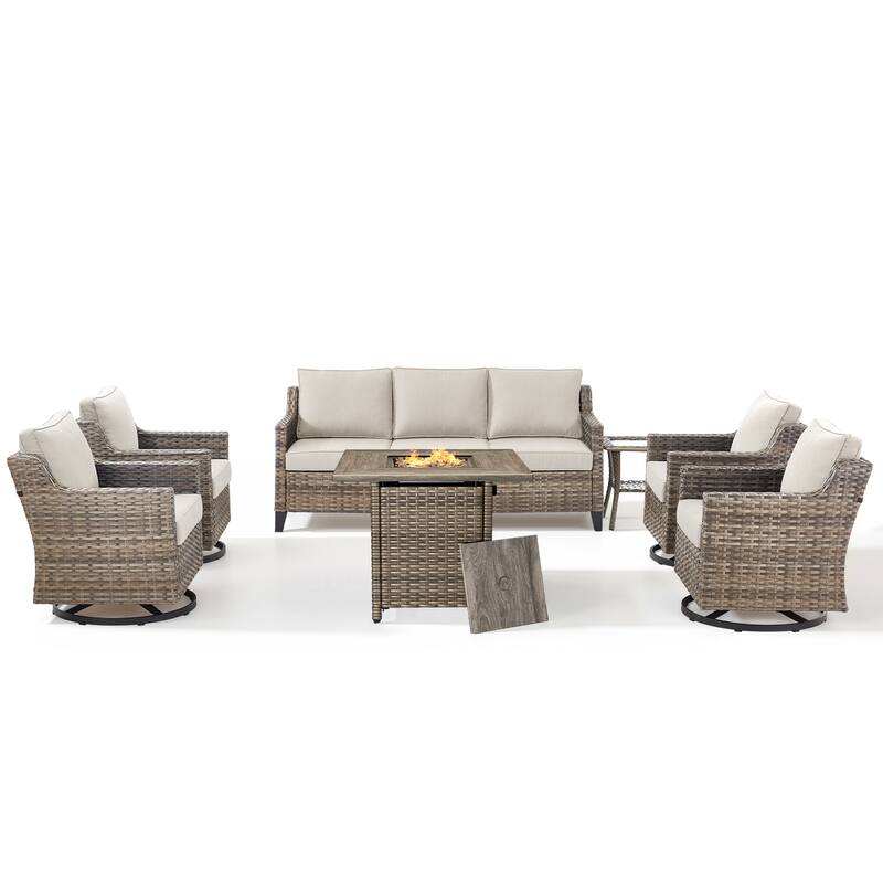 Pocassy Outdoor Swivel Chair with Sofa with Fire Pit Table