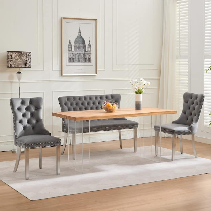 Velvet Double Dining Loveseat Bench, 2-Seat Tufted Bench w/Handmade Buttons, Wing Back, Gold-Plated Steel Legs, Single Pack