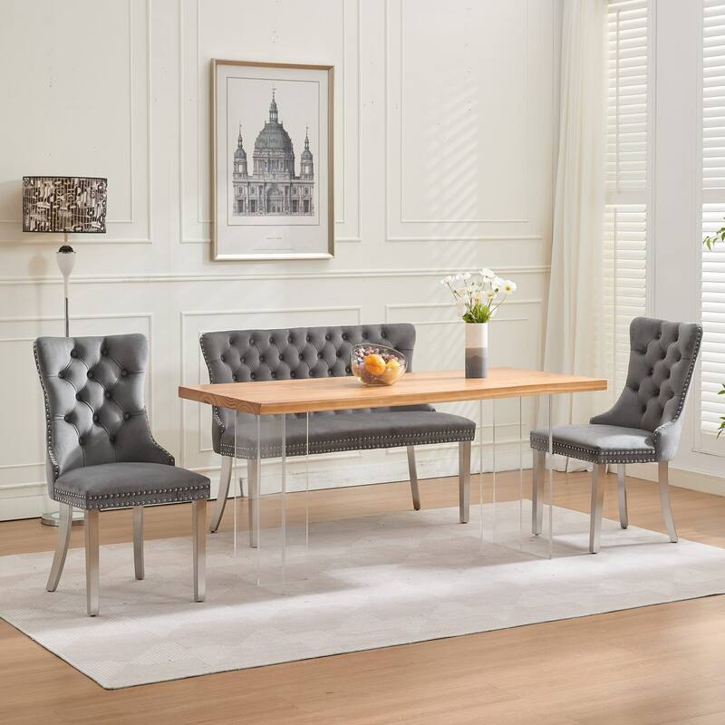 Velvet Double Dining Loveseat Bench, Kitchen & Dining Seating, 2-Seat Tufted Bench w/Handmade Buttons, Wing Back