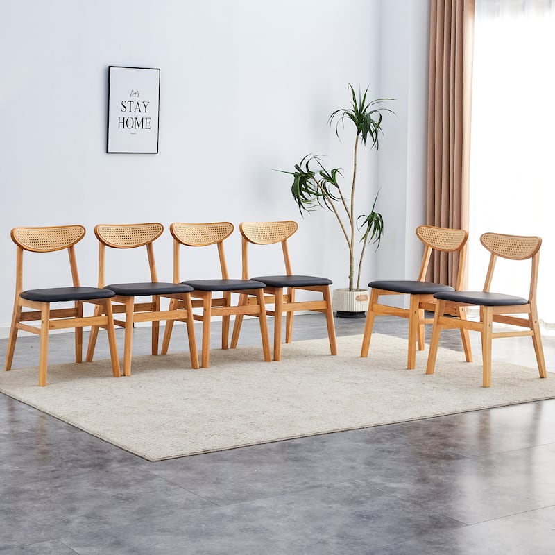 Roomfitters Rubberwood Dining Chairs with Rattan Back and PU Cushion, Solid Set of 6 with Curved Design, Black+Natural - Black+Natural