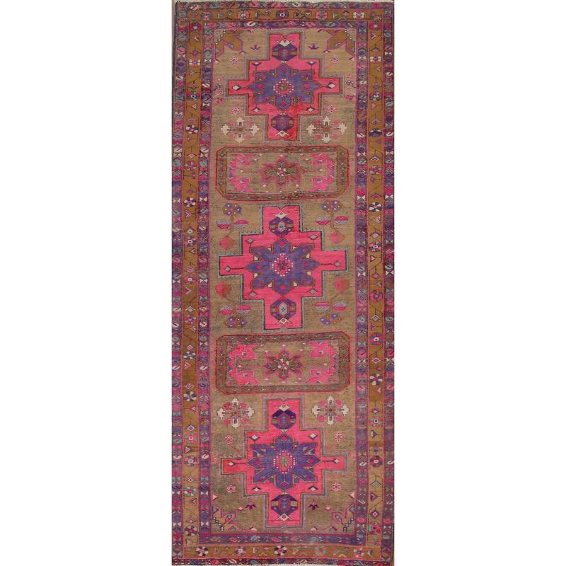 Handmade Ardebil Persian Vintage Runner Rug Geometric Wool Carpet - 3'11" x 10'7"