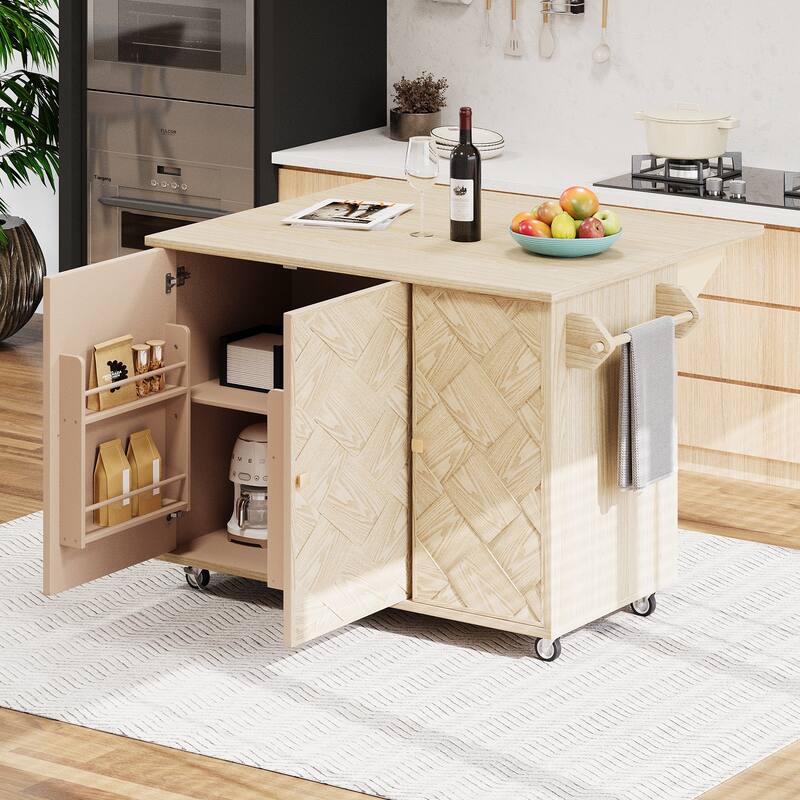 Kitchen Island with Drop Leaf, Coastal Kitchen Island on Wheels with Internal Storage Rack, Rolling Kitchen Cart