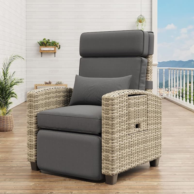 Outdoor Recliner Chair with Side Table Adjustable 145° Reclining Lounge Chair with Cushion and Footrest - Grey