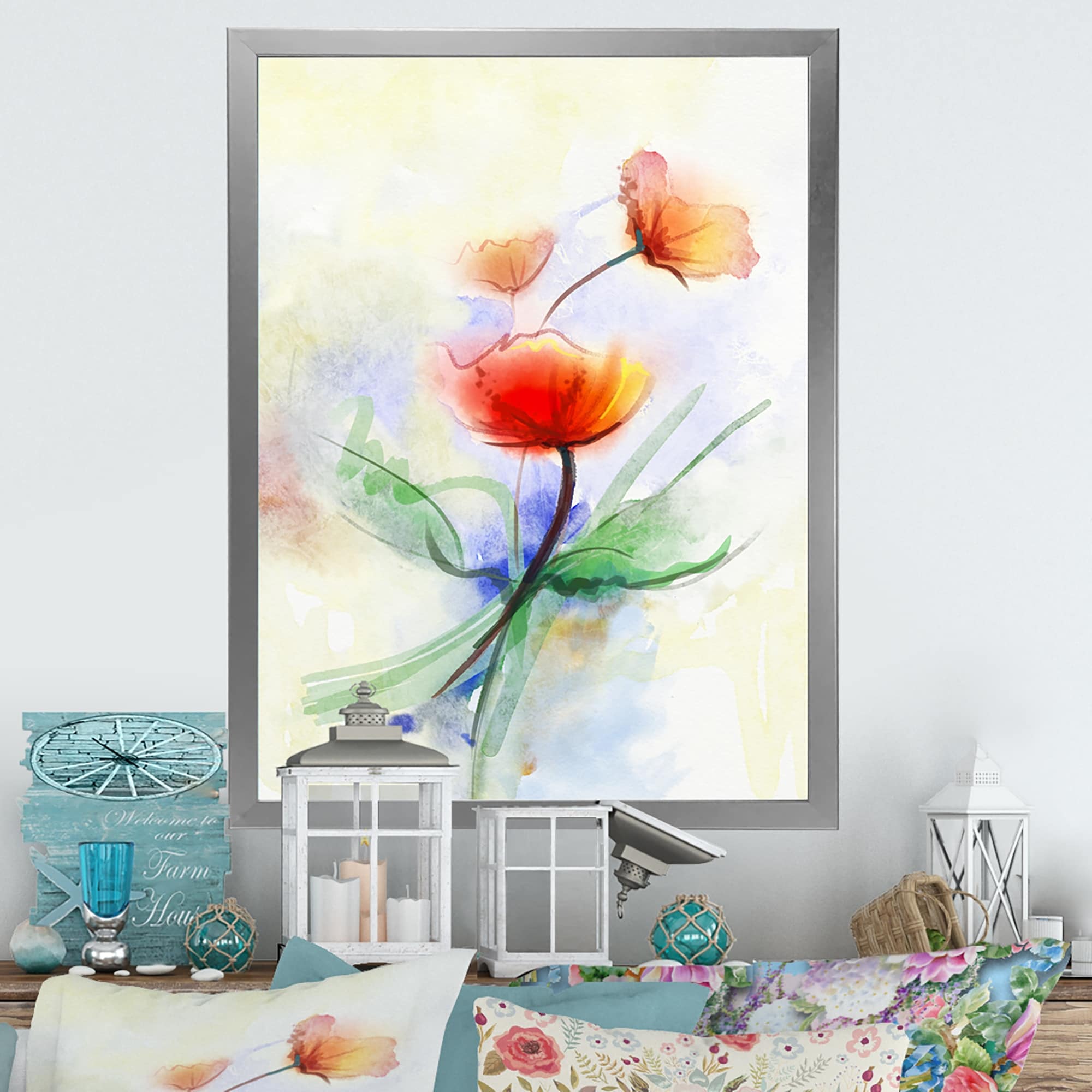 Designart "Abstract Red Poppy Flower II" Traditional Framed Art Print