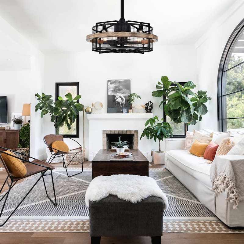 20" Industrial Black Metal Caged Bladeless Ceiling Fan Chandelier with Remote