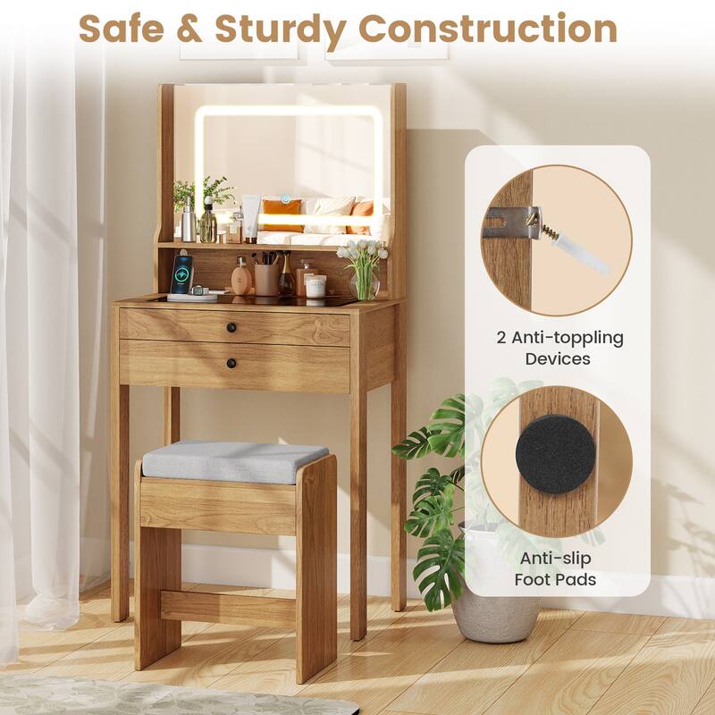 Gymax Small Vanity Desk Makeup Table & Padded Stool Set w/ Charging