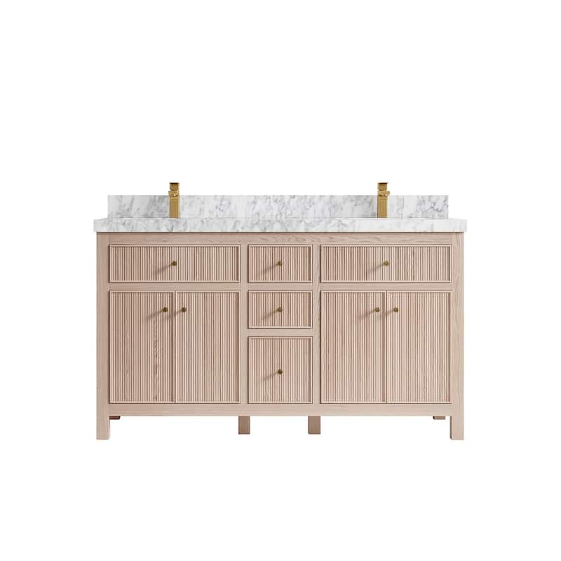Willow Collections 60 x 22 Sonoma White Oak Wood Double Sink Bathroom Vanity with Quartz or Marble Countertop - 2"Carrara Marble - White Oak